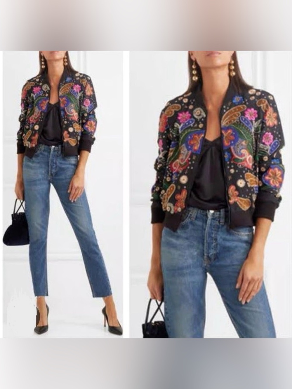 NWT Alice + Olivia Felisa Floral Embroidery Embellished Silk Bomber Jacket XS